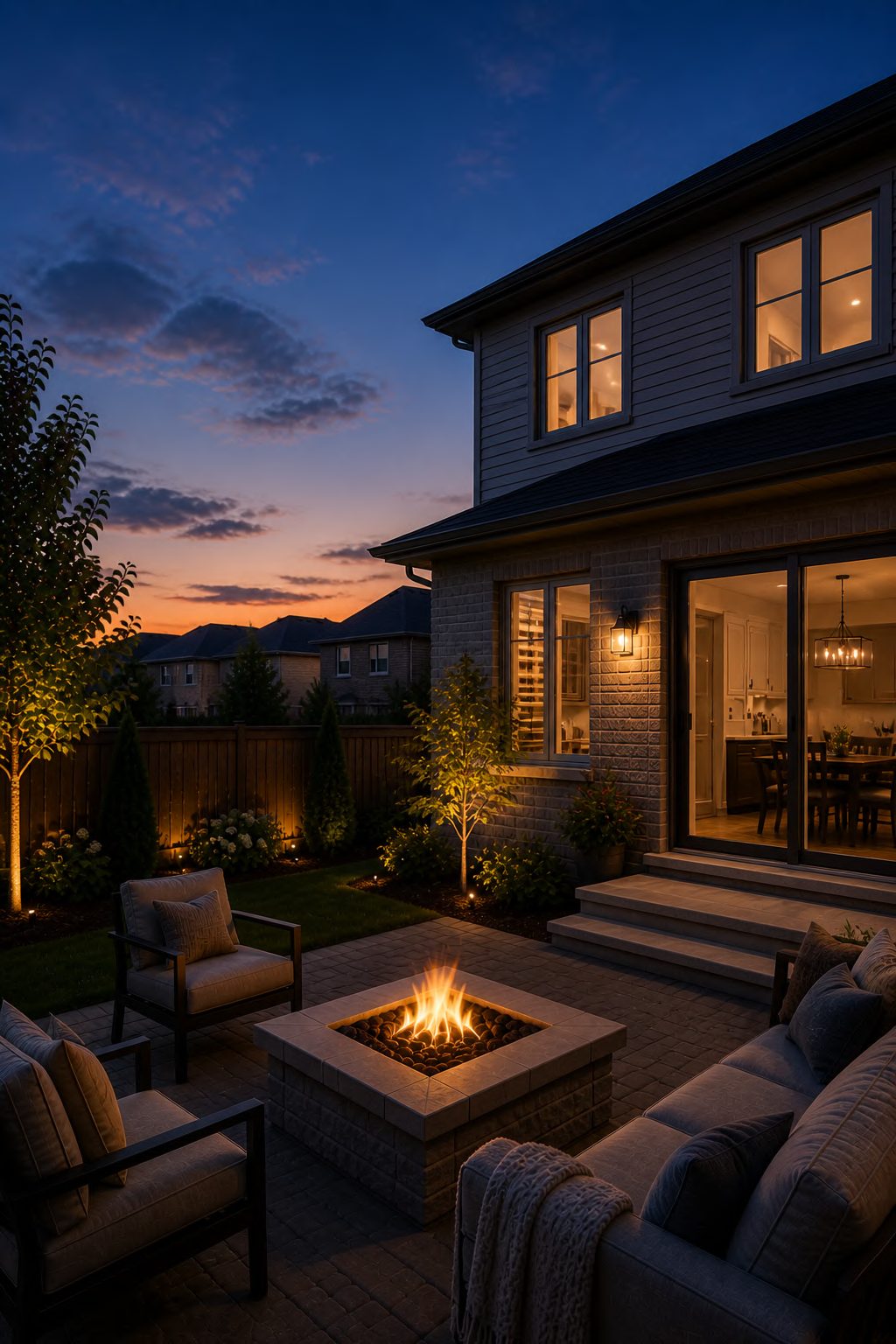 Twilight backyard of a Durham home with warm lit windows and a fire pit